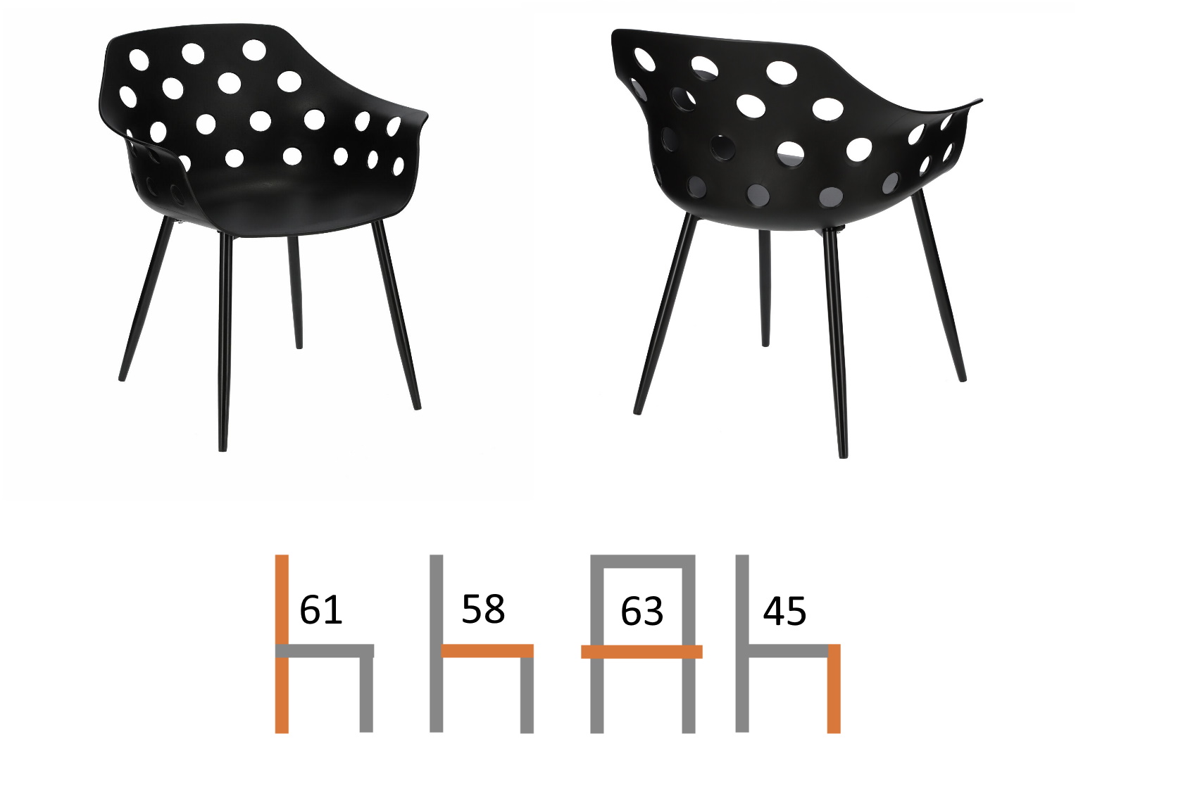 czarne, ażurowe krzesła z tworzywa sajt, wymiary